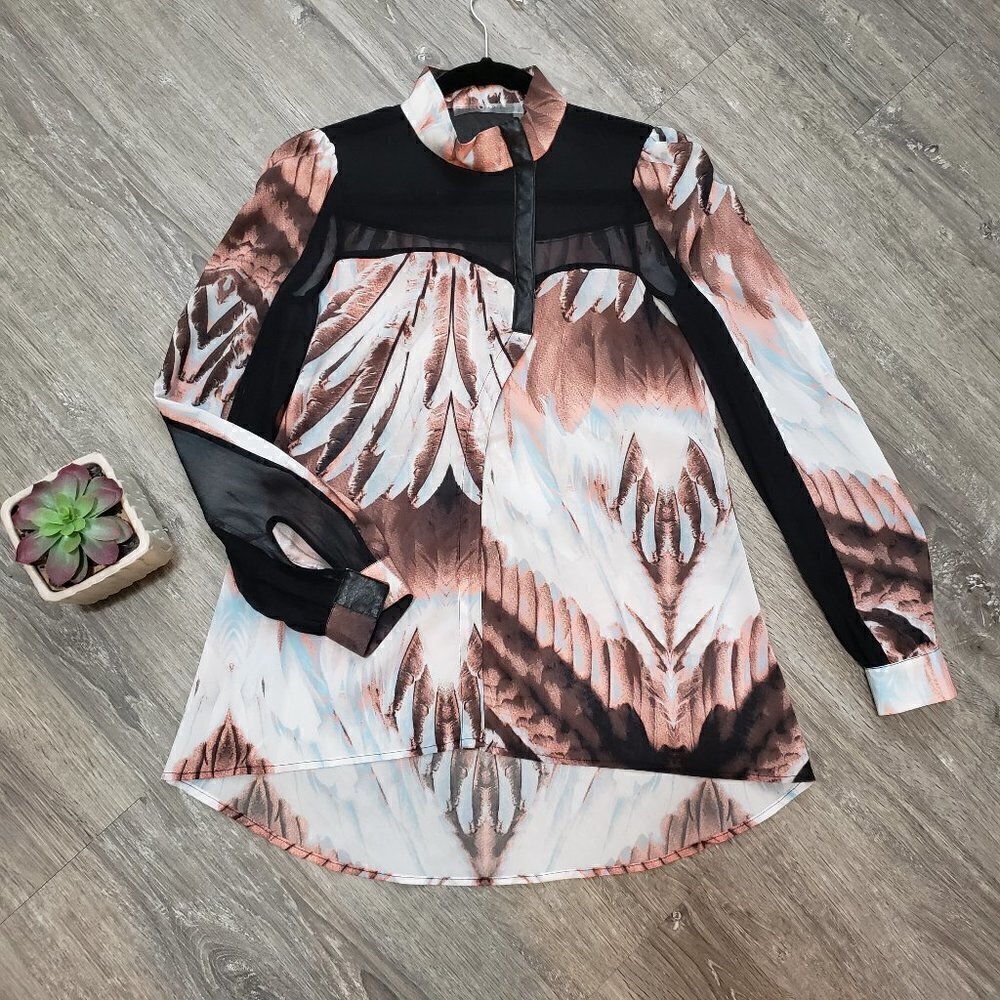 Stella & Jamie Feather Print Chiffon Silk Blouse S